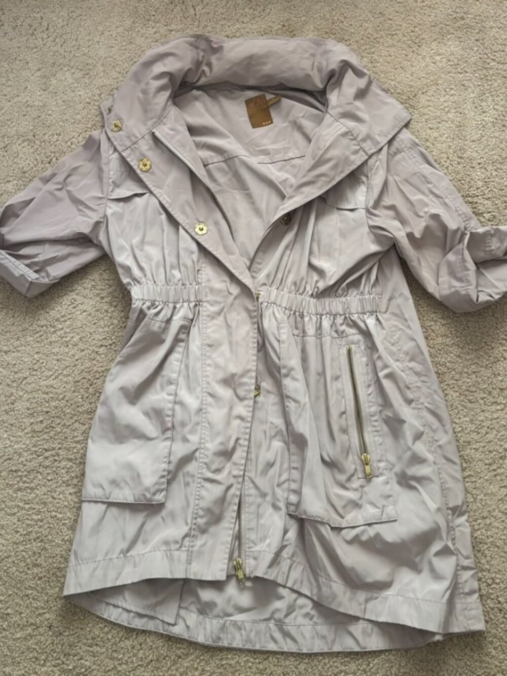 Ali Ro Rain Coat Beige Hood Snaps 2 Pockets Anorak Elastic Waist S Parisian Y2k